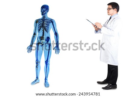 doctor writing clipboard for diagnosis at anatomy skeleton