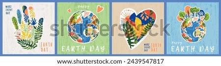 Happy Earth Day greeting card, cover or web banner set. Trendy and cute hand drawn Eco posters on the theme of caring for nature and planet Earth. Make every day Earth day. Art style design template Royalty-Free Stock Photo #2439547817