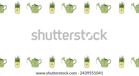 Vector border, frame of with watering cans, flower pots in doodle flat style. Color bright horizontal top and bottom edging, decoration on topic of growing and caring for plants for home, garden Royalty-Free Stock Photo #2439551041