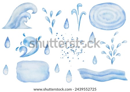 Watercolor set of illustrations. Hand painted blue drops, sea spray, waves, splash of water, fountain. Sea, ocean, river, lake. Blue abstract background. Isolated water clip art elements