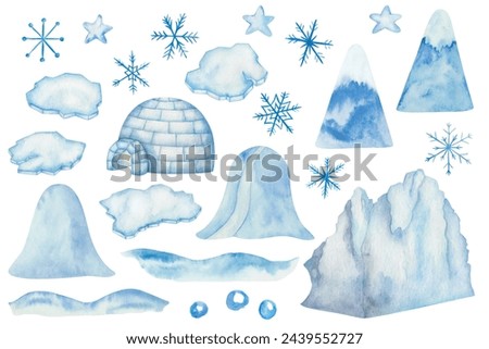 Watercolor set of illustrations. Hand painted igloo house, ice floe, iceberg. Blue, white glacier, mountain, block of ice, icehouse. Floating frozen water, snow. Snowflakes. Winter. Isolated clip art