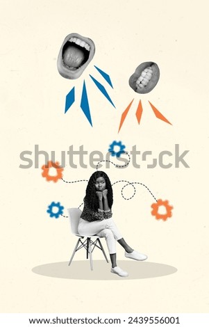 Photo cartoon comics sketch collage picture of thoughtful lady listening different ideas isolated beige color background
