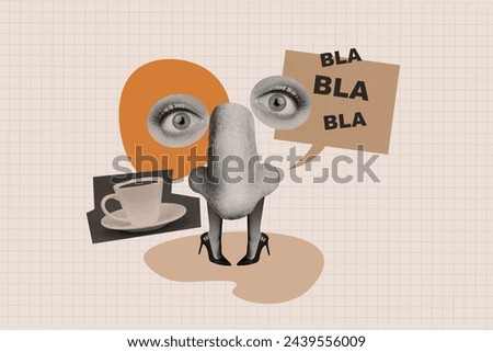 Composite trend artwork sketch image 3D photo collage of faceless huge nose with eyes gossip person talk bla bla bla drink cup coffee Royalty-Free Stock Photo #2439556009