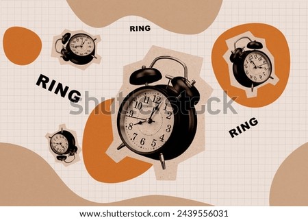 Sketch image composite trend artwork photo collage of retro silhouette huge clock fly in air ring bell good morning wake up tick tack