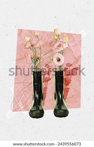 Vertical collage image of fresh rose flowers growth inside rubber gummy boots isolated on paper creative background