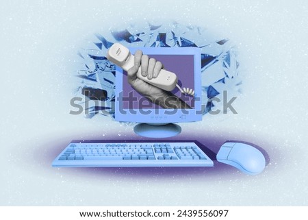 Collage image of black white effect arm hold cable phone inside pc monitor keyboard mouse isolated on creative background