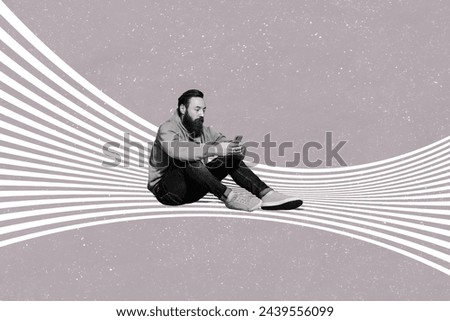 Composite collage image of black white effect guy sitting use smart phone chatting isolated on painted background
