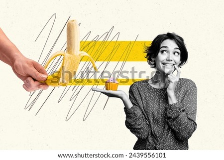 Creative collage picture young woman decide food eat healthy fruit peeled banana hold cupcake sweet bakery delicious calories diet