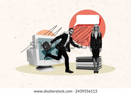 Photo collage creative picture young running businessman pc display screen hurry rush standing secretary literature stack