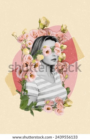 Vertical creative collage young sad girl hidden eyes vision stand bunch fresh beautiful flowers bloom plant garden drawing background
