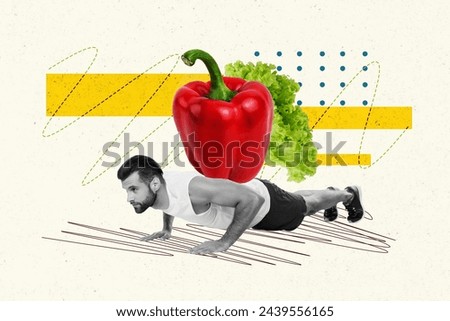 Collage 3d image of pinup pop retro sketch of healthy lifestyle young man push up pepper salad tasty salad unusual fantasy billboard comics