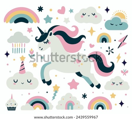 Illustration of a cute unicorn, rainbows, cute clouds, hearts and stars, vector image of 6 colors, suitable for silk screen printing