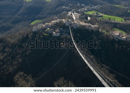 View of the famous tibetan bridge of Sellano in Umbria region, Italy Royalty-Free Stock Photo #2439559991