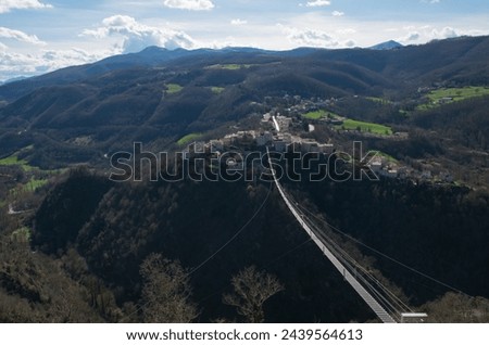 Panoramic view of the highest Tibetan bridge in Europe in the small town of Sellano, Umbria region, Italy Royalty-Free Stock Photo #2439564613