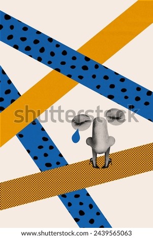 Creative vertical collage face fragments closed crying eyes nose legs high heels shoes depression sad uspet emotion drawing background