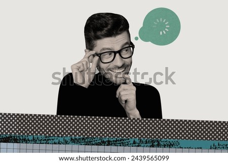 Creative collage picture young curious man loading textbox speech bubble think find solution eyewear glasses drawing background