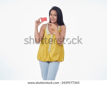Woman holding credit card on white background. Space for text