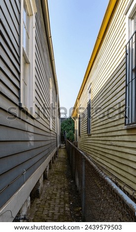 Narrow alleyway between two buildings divided by a chain link fence, border, separation, feud, good fences make good neighbors metaphor, vertical aspect Royalty-Free Stock Photo #2439579503