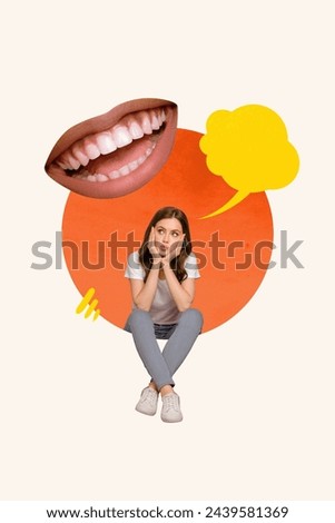 3D photo collage composite trend artwork sketch image of young thoughtful lady sit hold head on hand mind cloud think about gossip mouth Royalty-Free Stock Photo #2439581369