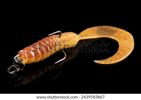 Soft fishing bait, silicone grub for predatory fish, with double hook isolated on black background Royalty-Free Stock Photo #2439583867