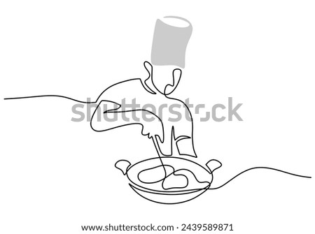 One continuous line drawing of chef cooking food in the kitchen.