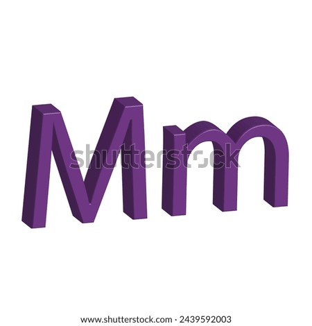 3D alphabet M in purple colour. Big letter M and small letter m isolated on white background. clip art illustration vector