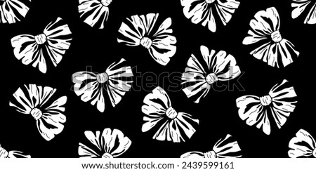 Scattered bow seamless pattern. Black and white ribbon accessory and outfit element. Hand drawn vector illustration design for textile, fabric, background, wrapper, packaging, clothing