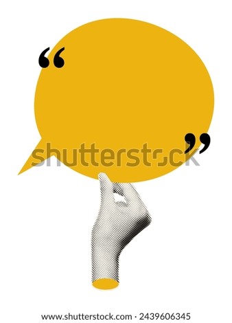 Halftone hand holding speech bubble. Cutout of magazine shapes, modern retro collage element for mixed media design with copy space for text. Trendy vector illustration
