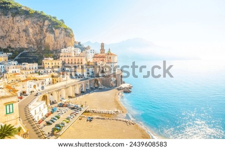 Idyllic beautiful view of Atrani village on Amalfi Coast, Italy travel photo. Sunny landscape of Italian popular tourist resort, Costiera Amalfitana seaside region Royalty-Free Stock Photo #2439608583
