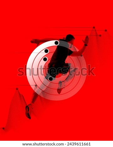 Dynamic image of athletic man in motion, running, training against red background with fitness tracking app element. Concept of sport, active and heathy lifestyle, training, fitness. Poster, ad Royalty-Free Stock Photo #2439611661