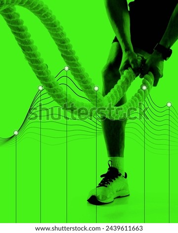 Cropped image of muscular man training with rope against monochrome green background with abstract element. Concept of sport, active and heathy lifestyle, training, fitness. Poster, ad
