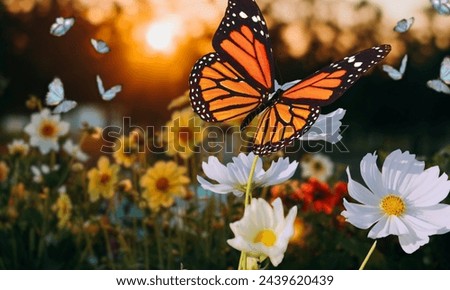 A butterfly is near a bunch of flowers