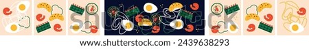 Pasta and seafood abstract vector illustration. Noodle and shrimp ingredients clip art. Cartoon flat style. Can be use for restaurants menu, cover, packaging.	
