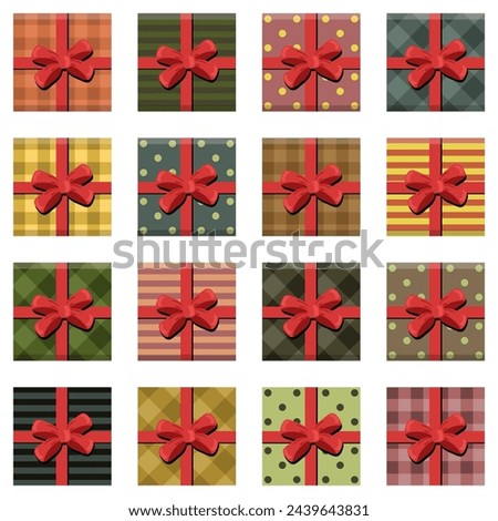 Set with present boxes with ribbons and bows different prints on white background isolated collection stickers clipart	
