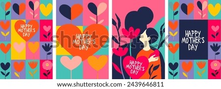 A cheerful set of four Mother's Day-themed vector illustrations, featuring colorful heart-shaped flowers and a female figure, crafted in a simple and contemporary patchwork of shapes.