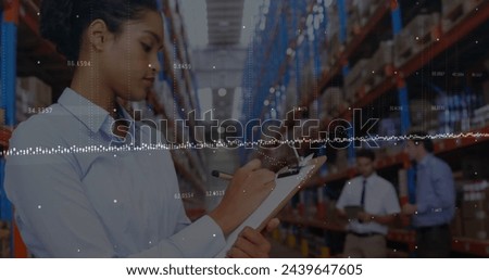 Image of financial data processing over diverse business people in warehouse. global shipping, delivery and connections concept digitally generated image.