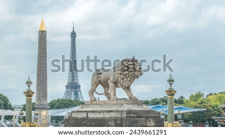 One of the two marble lions of the Tuileries garden overhanging the Concorde place in Paris timelapse, with its obelisk of Luxor and its rostral columns. Eiffel Tower in the background