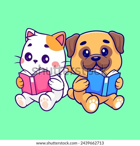 Cute Cat And Pug Dog Reading Book Cartoon Vector Icon Illustration. Animal Education Icon Concept Isolated Premium Vector. Flat Cartoon Style