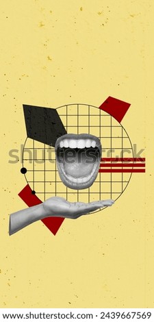 Propaganda Concept Art. Creative Art Collage. Open Mouth Scream. Retro Vintage Color. Geometric Line Grid Abstract. Yellow Texture Background Copyspace Poster Banner Flyer Stories Postcard Placard New