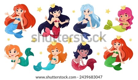 Bundle with kawaii mermaids. Isolated illustrations on a white background with funny magical creatures for a childish print. Vector clip art. An underwater set of princesses. Sea life.