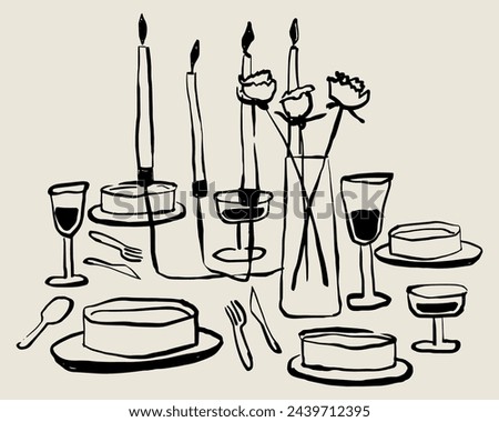Vector illustration of dinner table with candles, wine, flowers and plates. Dinner hand drawing. Minimalist illustration. Illustration for invitations, stationery, printables, social media
