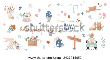 Happy Easter clip art. Set of cartoon characters in retro style. Easter bunny, car with bunny, flowers, basket with Easter eggs, garland, bouquet. Vector illustration