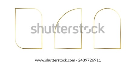 Golden thin frames set. Gold geometric borders in art deco style. Thin linear arch and curved shape collection. Yellow glowing shiny boarder element pack. Vector bundle for photo, cadre, decor, poster Royalty-Free Stock Photo #2439726911