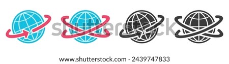 Orbit of satellite around earth planet icon vector simple graphic set, world spin rotation direction trajectory arrow symbol, sphere turning travel circuit pictogram, global network tech image clipart