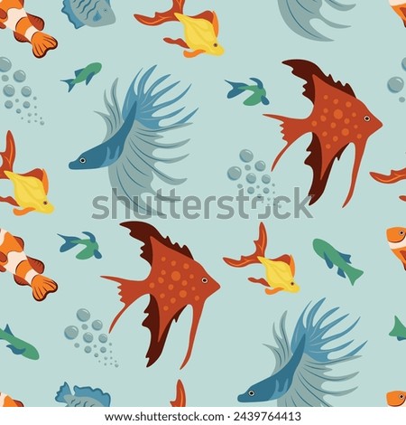 Vector seamless pattern with fish, corals, and seaweed. Background, wallpaper, textile or paper print