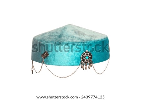 Kazakh national hat takiya or tubeteika - traditional Kazakh headwear. Modern qazaq hat. Traditional Kazakh headwear isolated on white background. Royalty-Free Stock Photo #2439774125