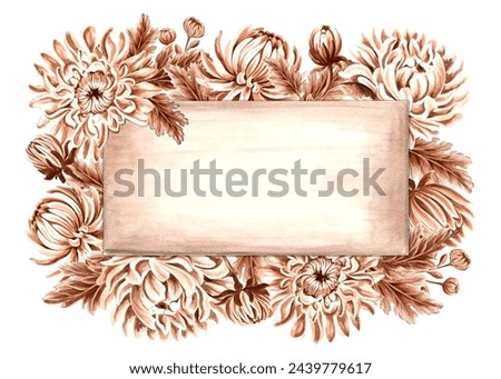 Vintage rectangle frame from chrysanthemum flowers. Monochrome hand drawn autumn watercolor illustration. Isolated floral spring wreath. Template with copy space for postcard, invitation, scrapbooking