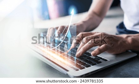 Businessman analyzing sales data graph growth on strategy modern interface icons. Digital online marketing, Planning analysis and business development.