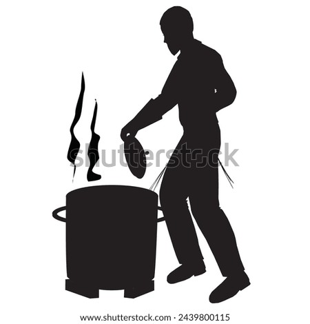 Black silhouette. A Orthodox Religious Jewish man dips the lid of a pot into boiling water as part of preparing the dishes for Passover. vector. Royalty-Free Stock Photo #2439800115