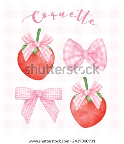 Coquette Strawberries and pink ribbon bow set, aesthetic watercolor hand drawing